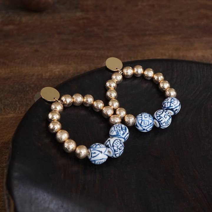 PennyLine inc - Wholesale Dangle Earrings - Chinoiserie Beaded Hoop Circle Drop Statement Earrings – Gold Tone