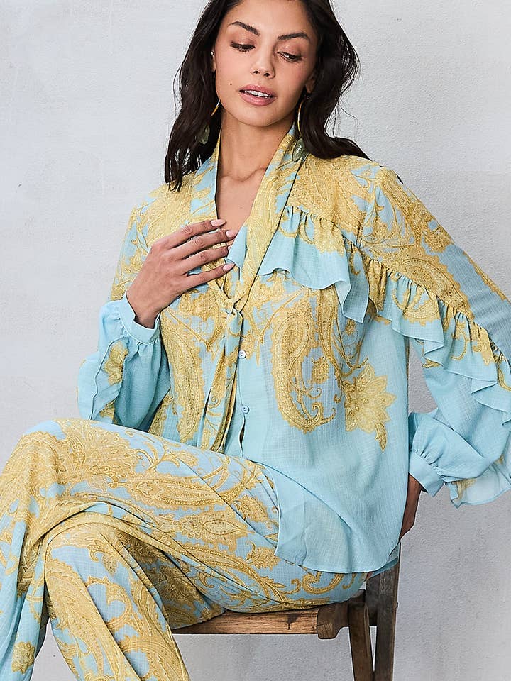 BT6394_Paisley Ruffle Blouse & Wide-Leg Pants-TOP ONLY for wholesale by Her Bottari