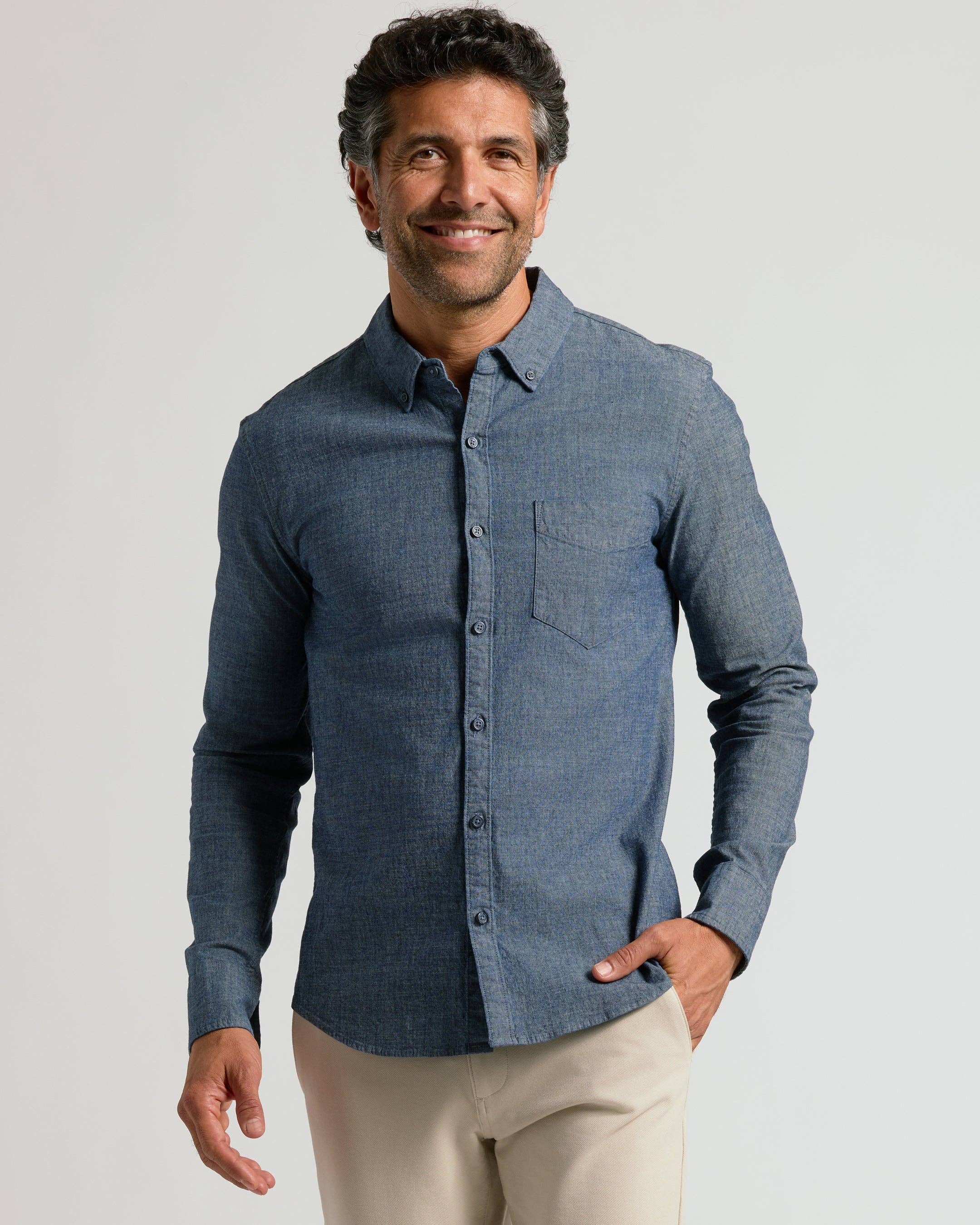 True Classic - Wholesale Button Down Shirt - Men's - Medium Indigo Wash Long Sleeve Chambray Shirt