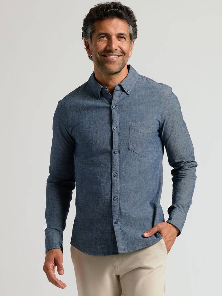 True Classic - Wholesale Button Down Shirt - Men's - Medium Indigo Wash Long Sleeve Chambray Shirt0
