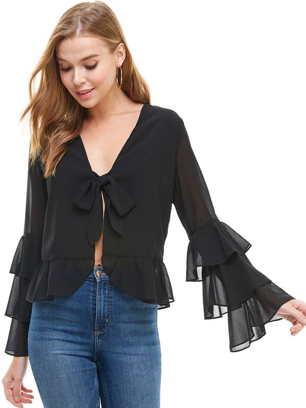 FRONT TIE BLOUSE WITH TIERED RUFFLE SLEEVE for wholesale by ACOA COLLECTION