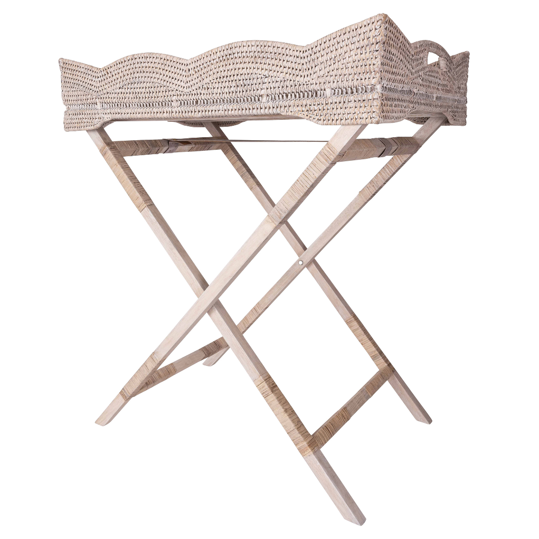 Artifacts Trading Company - Wholesale Patio Table - Rattan Scallop Butler Tray: Folding Wooden Legs2