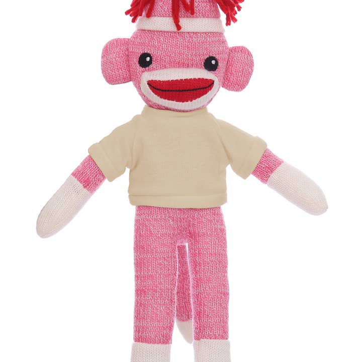 Plushland - Wholesale Stuffed/Plush Toy - Kids & Baby - Customizable 8" Pink Sock Monkey with Tee shirt