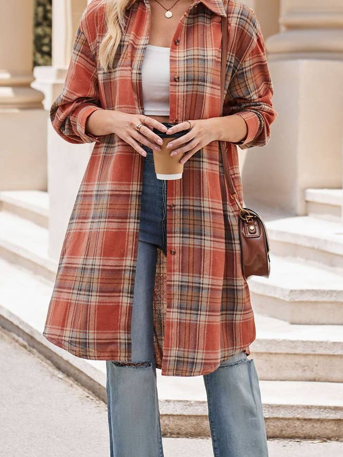 UNISHE - Wholesale Shirt Jacket/Shacket - Women's - Plaid Button Up Long Length Blouse Jacket MD1004