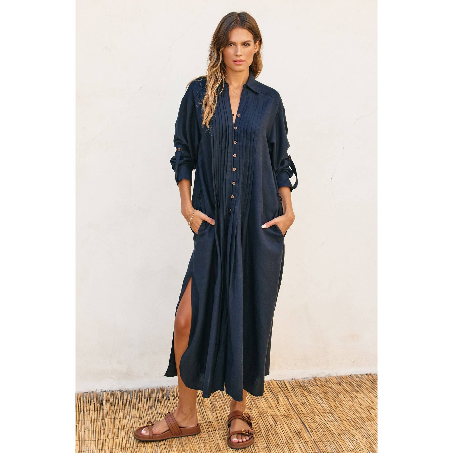 Dress Forum - Wholesale Dress - Women's - Cotton Linen Pleated Longline Shirt Dress (1)24