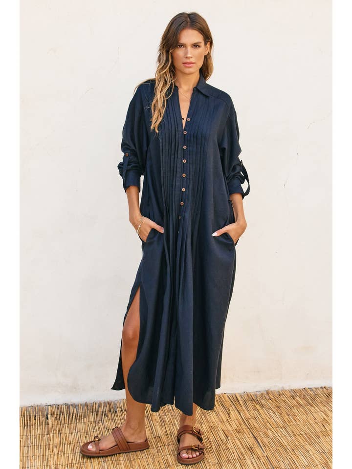 Dress Forum - Wholesale Dress - Women's - Cotton Linen Pleated Longline Shirt Dress (1)24