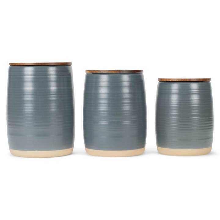 Lidded Grey 6 inch Ceramic and Wood Kitchen Canisters Set 3 for wholesale by DEMDACO