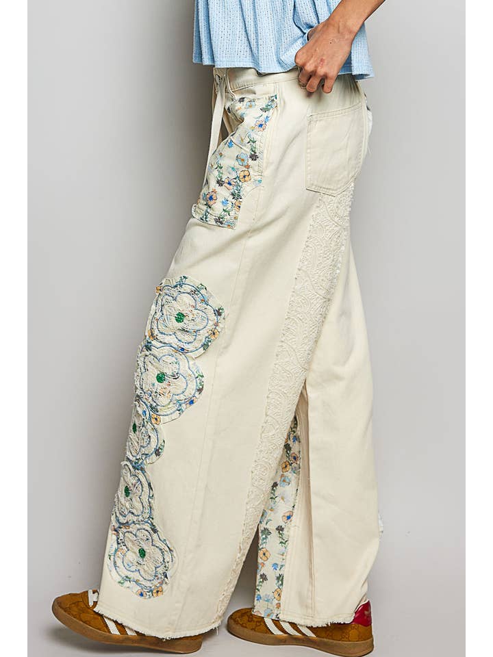 Pol Clothing - Vente Jean – femme - Pantalon en denim à cordon de serrage avec empiècement floral19