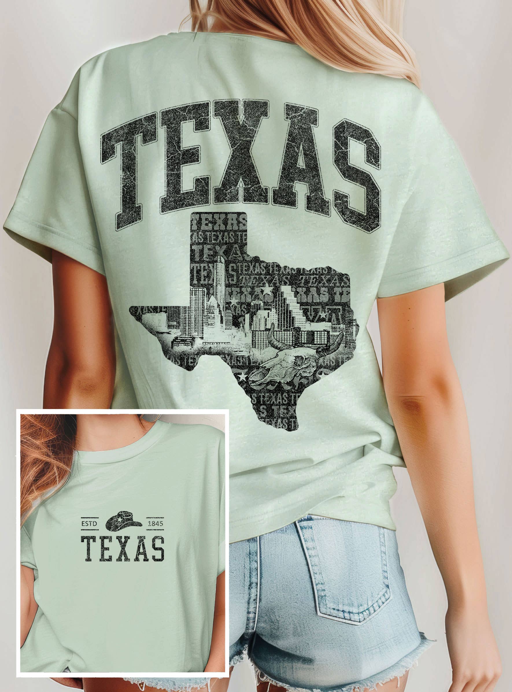 Rustee Clothing – Großhandel T-Shirt mit Siebdruck – Unisex – TEXAS STATE GRAFIK-T-SHIRTS VORNE UND HINTEN2