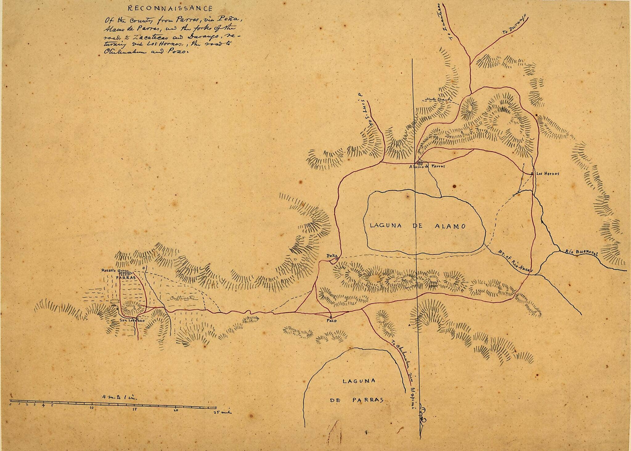 Relic Map Co. – wholesale Map – Reconnaissance of the Country from Parras Via Peña, Alamo De Parras, and the Forks of the Roads to Zacatecas and Durango, Returning Via Los Hornos, the Road to Chihuahua and Pozo 18460