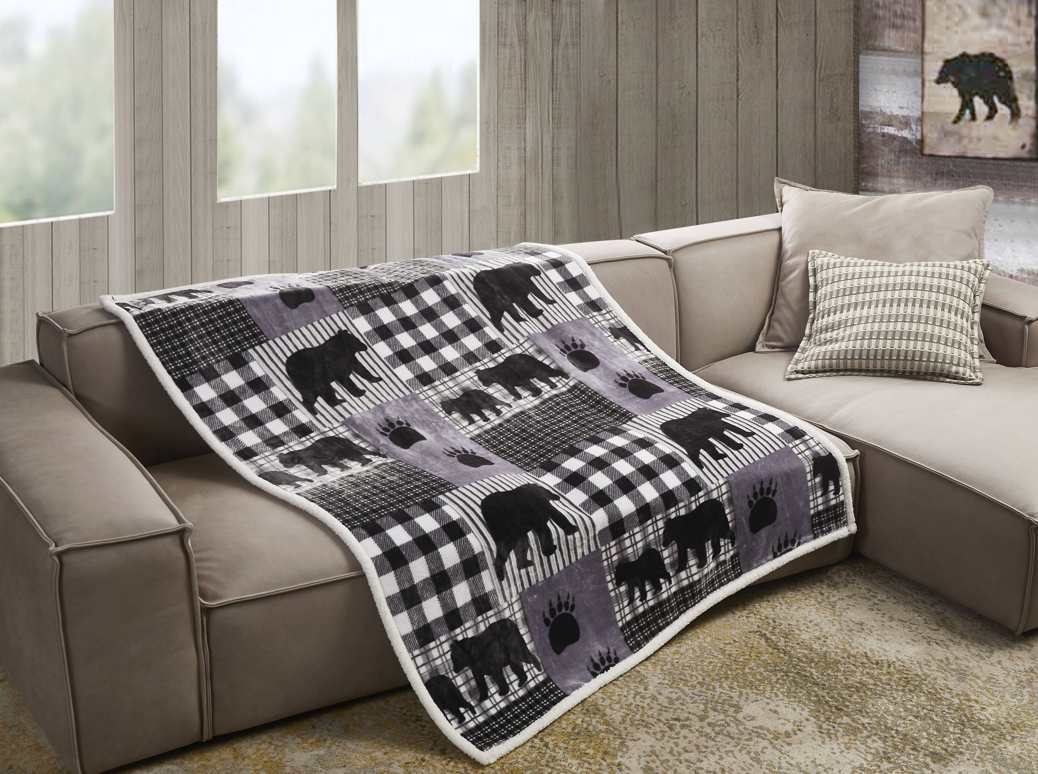 Duke Imports - Wholesale Throw Blanket - "Black Bear Plaid Gray" Flannel Sherpa Throw Blanket 50"x60"