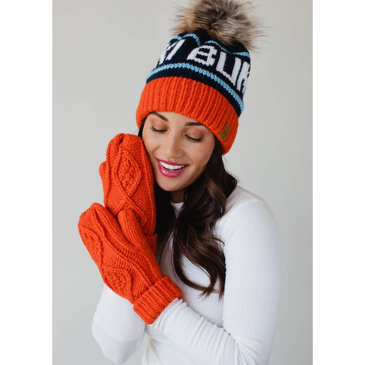 Panache Apparel Co. - Wholesale Beanie - Women's - Orange, Navy & Lt. Blue Ski Bum Pom Hat