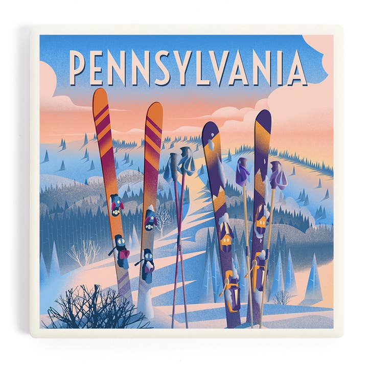 CERAMIC COASTER Pennsylvanie, préparez-vous au décollage, skis pour la vente par Lantern Press