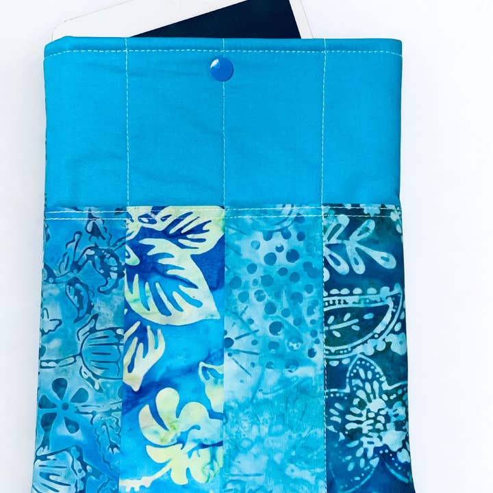 Quilted Tablet Sleeve or Book Sleeve Snap Closure - Teal Batiks - Beach Vibes - Book Cozy - Handmade - Medium - 7.5" x 10" for wholesale by Ann Gregory Designs