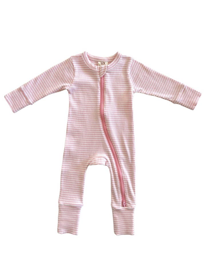 SIIX Collection - Wholesale Jumpsuit - Baby - Pink Stripe / Organic Ribbed 2-Way Zip Romper