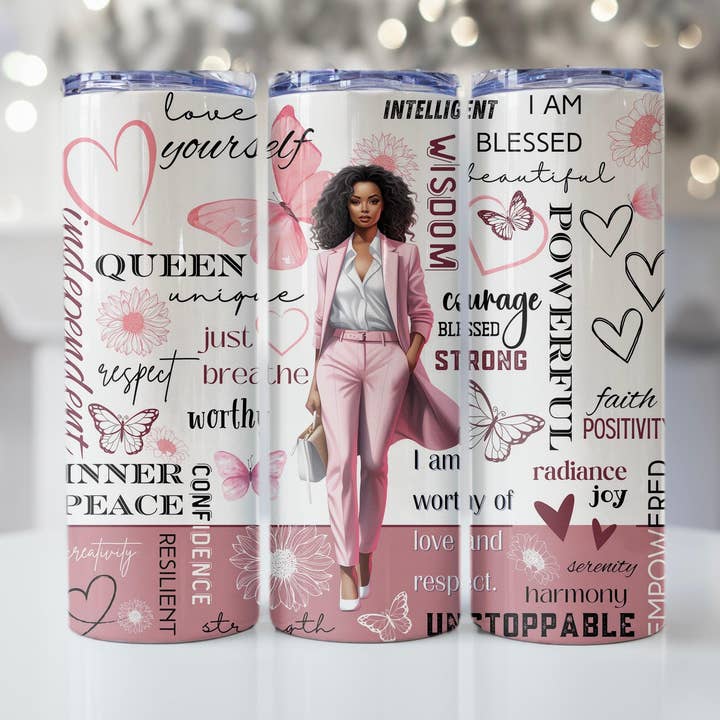 Copo Fino Inspirador Rosa para Mulher Negra com Tampa e Palhinha por atacado de CoRo & Company