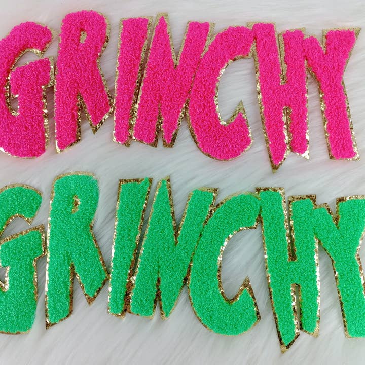 Scratch Decor - Wholesale Patch - Grinchy Word Chenille Gold Glitter Iron-on Patch3