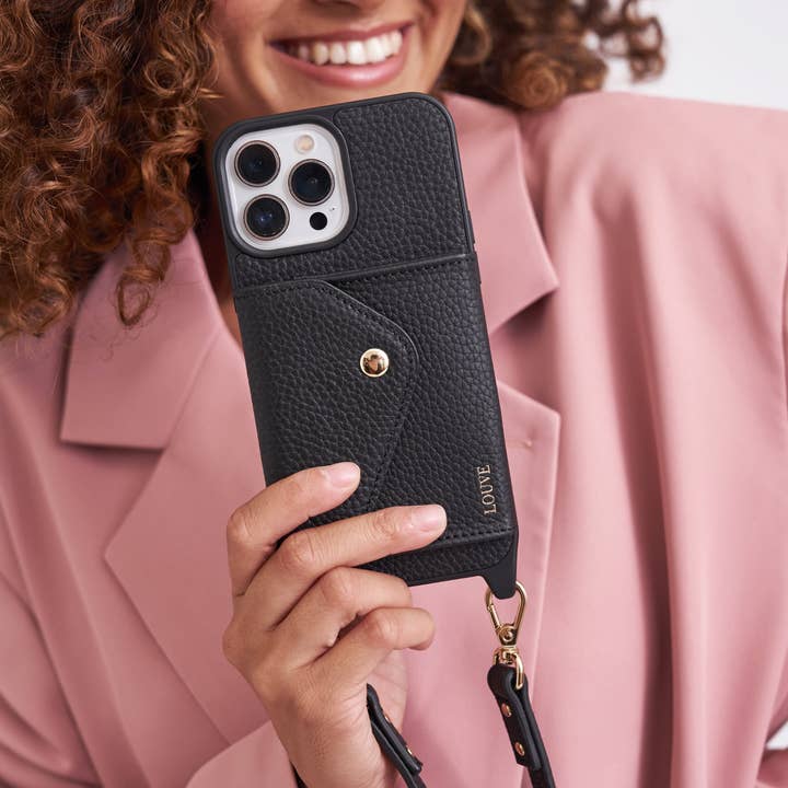 Louve Collection - Wholesale Phone wallet – women's - Zoë Black Leather Phone Case Wallet & Matching Strap15