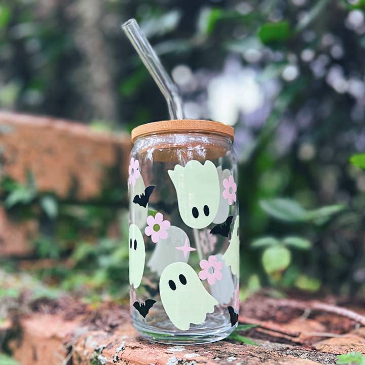 Love Her Work - Wholesale Drinking glass/cup - Ghost Iced Coffee Cup Glass INCLUDING Lid & Straw