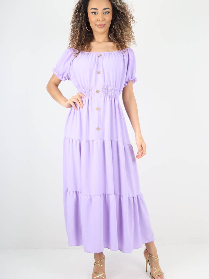 Miss Bold - Wholesale Dress - Women's - Italian Shirred Waist Button detailed Puffed Sleeve Maxi dress12