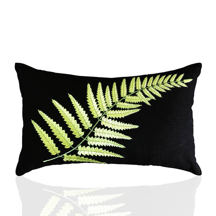 Fern Embroidered Black Linen Throw Pillow - 22"X14" sq for wholesale by Artesa Studio
