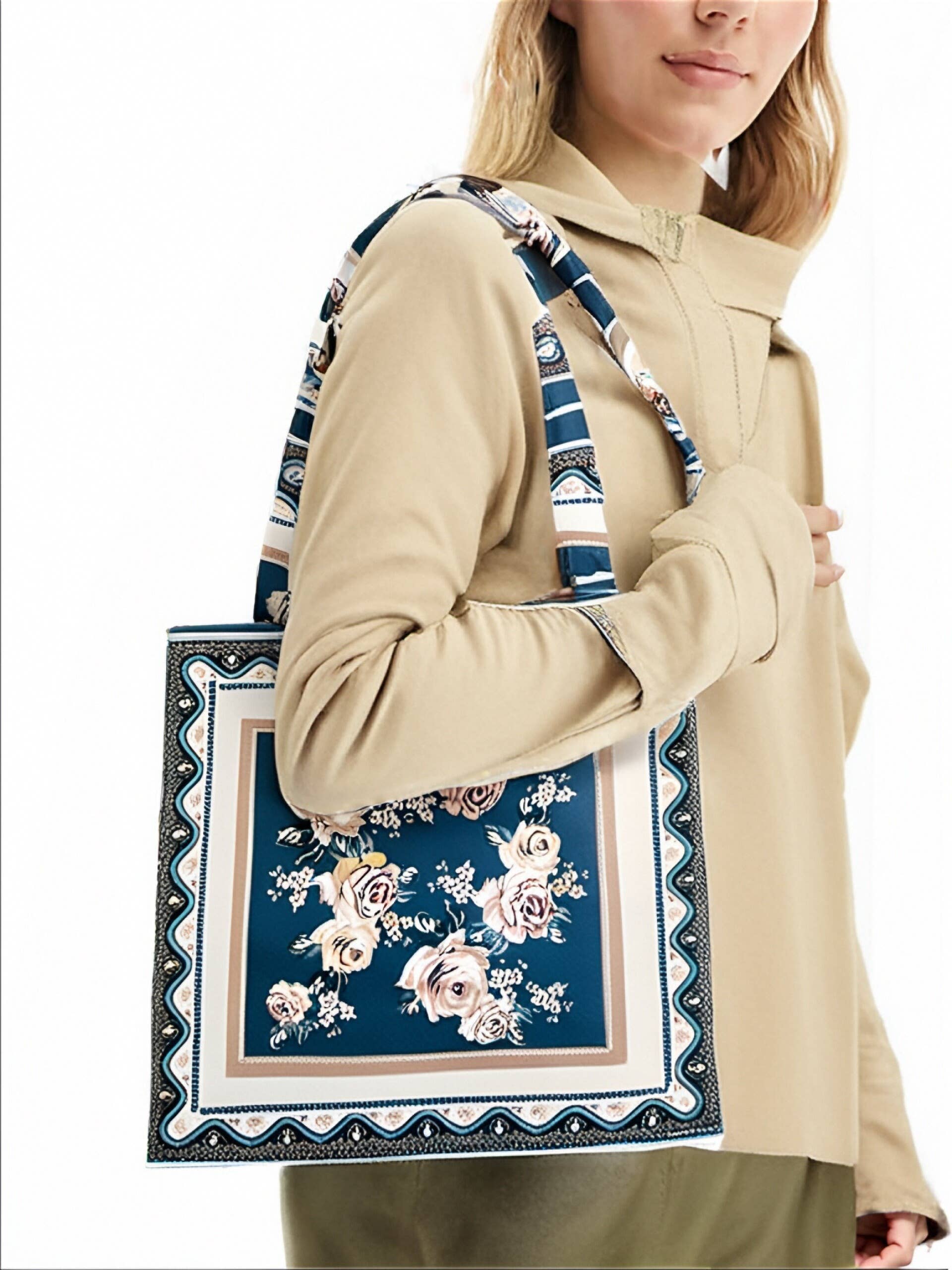 JC Sunny Fashion – wholesale Tote bag – Women's – JCFB0090 Art-Inspired Premium Shoulder Bag--Teal Bordered Floral3