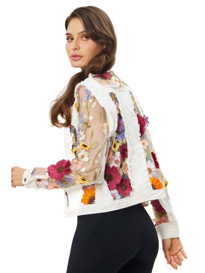 Adore - Wholesale Denim Jacket - Women's - 2406W - White Denim Jacket with Floral Embroidery