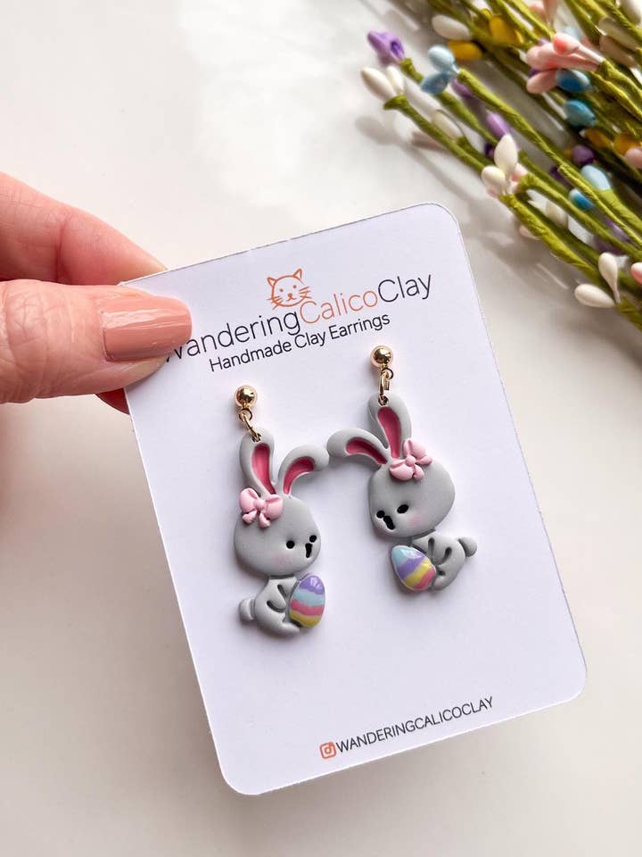 Handmade Polymer Clay Easter Bunny Earrings for wholesale by WanderingCalicoClay