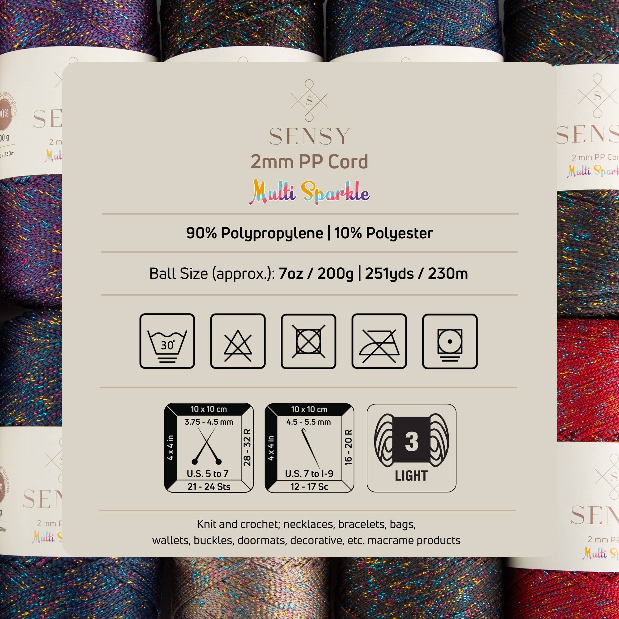 Sensy - Wholesale Yarn - Sensy Premium 2mm Multi Sparkle - 251 yards 90% Polypropylene / 10% Polyester Macrame Cord18