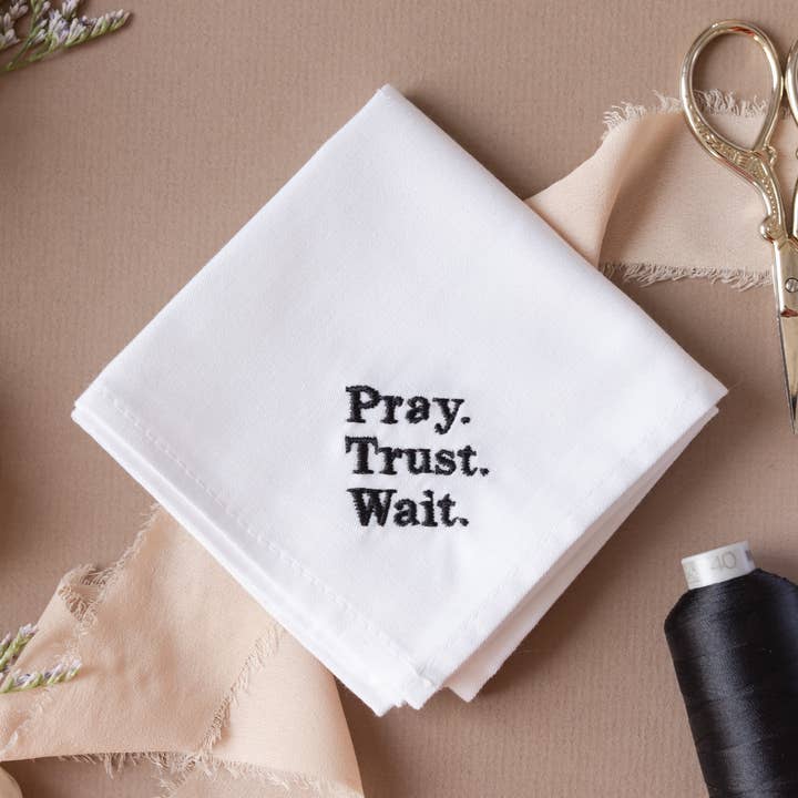 Men's Handkerchief {Pray. Trust. Wait.} for wholesale by The Handkerchief Shop