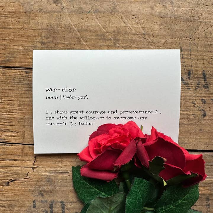 warrior definition greeting card in typewriter font for wholesale by Alison Rose Vintage