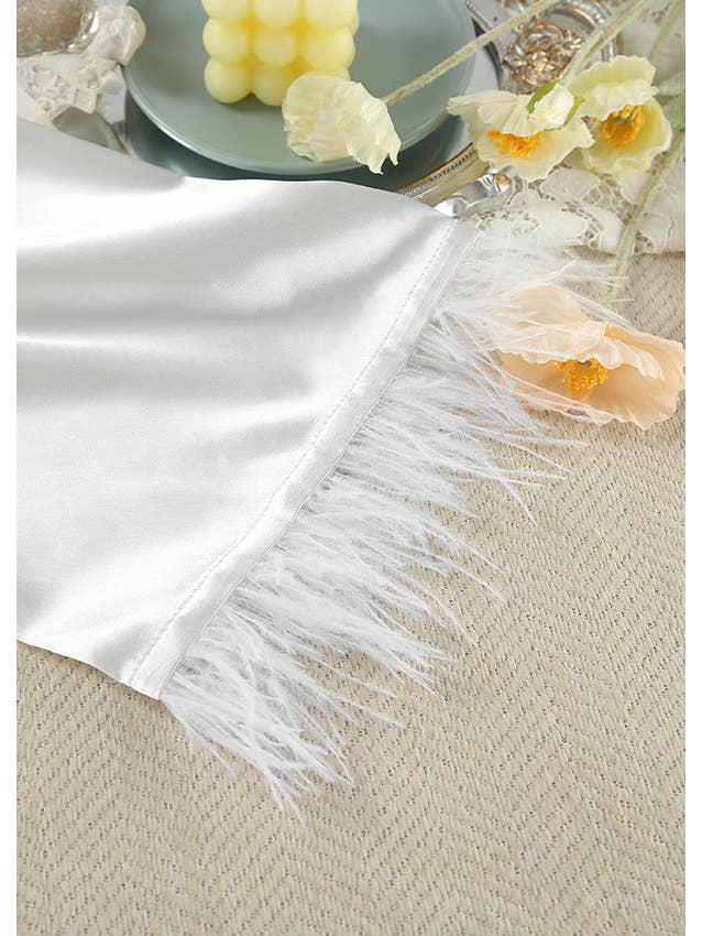 White Feather-Trim Satin Robe and Nightgown Set for wholesale on Faire