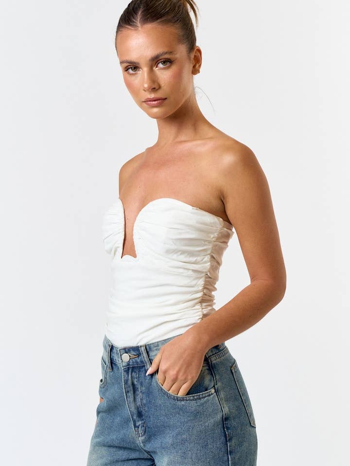 Black IBT29377 Wired Cutout Ruched Strapless Bodysuit for wholesale on Faire6