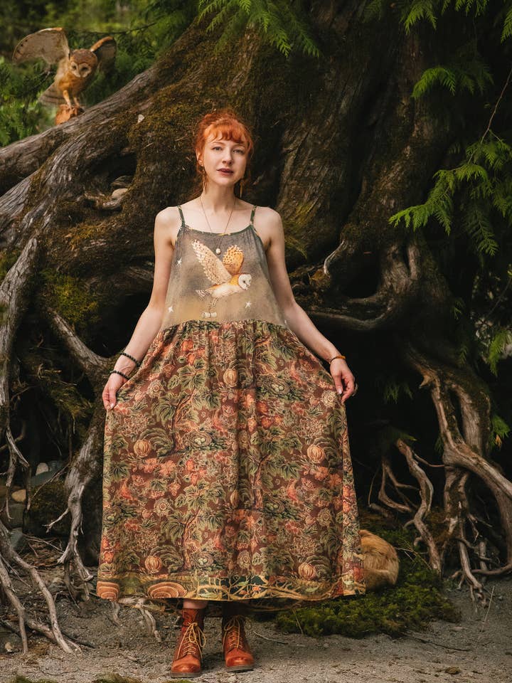 Market of Stars (USA) - Wholesale Dress - Women's - Woodland Wisdom Bohéme Maxi Slip Dress w/ Florals, Fox & Owl2