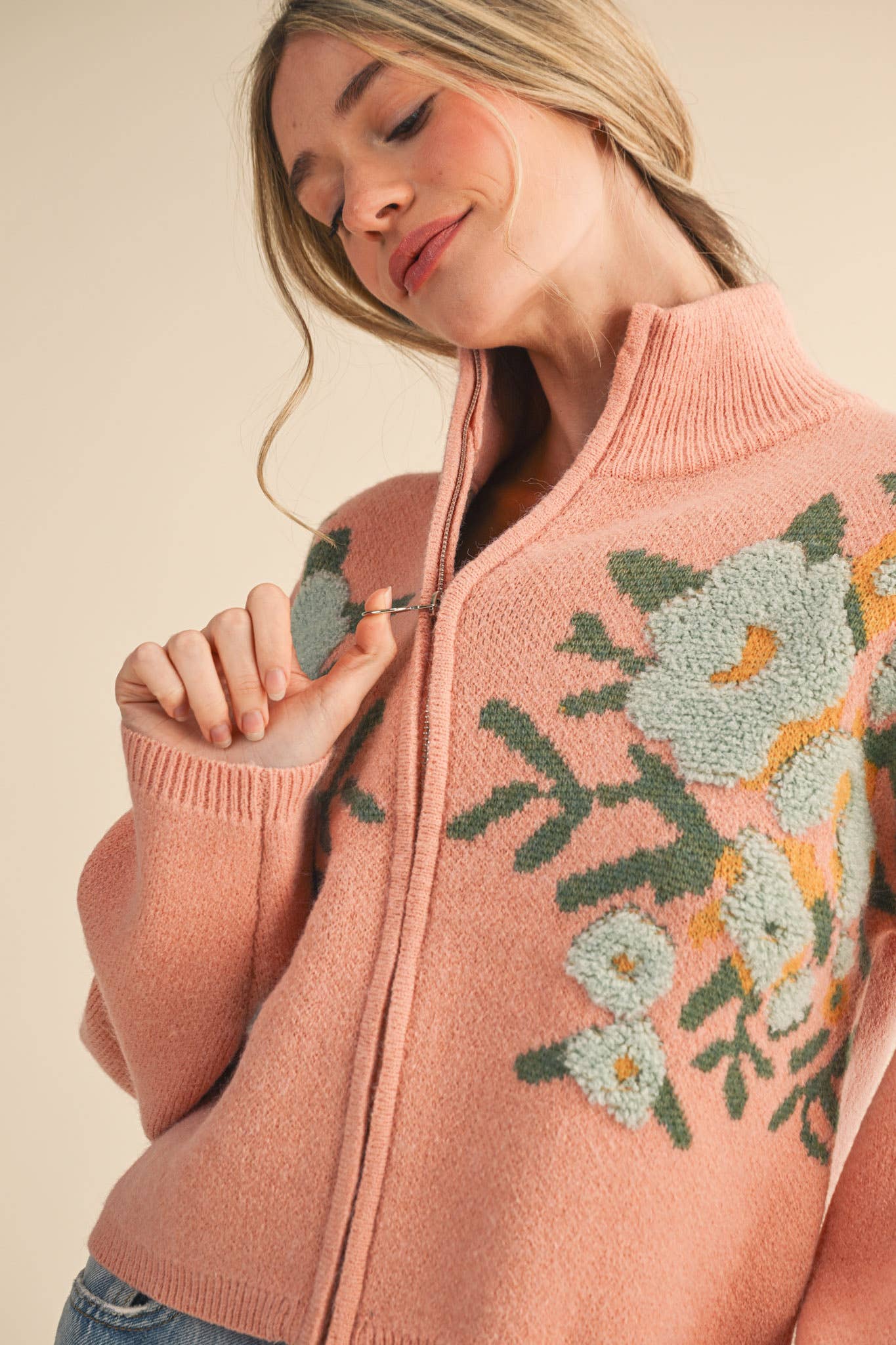 &MERCI - Wholesale Cardigan - Women's - FLORAL ZIP UP SWEATER CARDIGAN MSW1118813