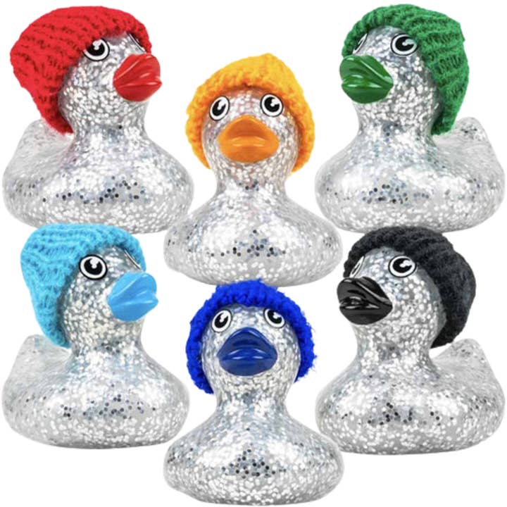 Assorted Glittery Rubber duck with knit cap for wholesale by Holiday Farm