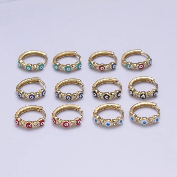 Boucles d'oreilles créoles en émail œil protecteur CZ plaqué or 14K 14mm | T309 - T314 pour la vente par Aim Eternal