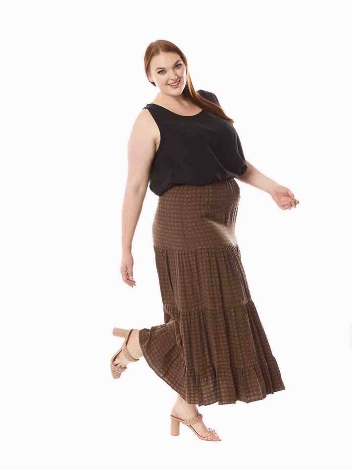 Tianello Plus Sized "Window Pane" Sueded "Cupro" Bemberg "Prairie" Skirt for wholesale by Tianello