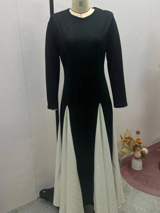 black Demure Color Block Flowy Long Sleeve Dress for wholesale on Faire
