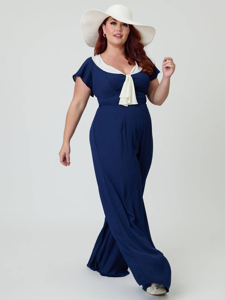 Unique Vintage Plus Size Navy Blue Wide Leg Jumpsuit for wholesale by Unique Vintage