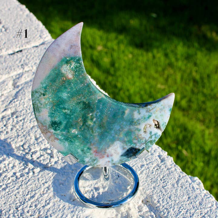 Ocean Jasper Moon Carving – Natural Polished Stone Moon, Pastel Crystal Hand-Carved Jasper Display Piece for wholesale by EC Plugs and Gems