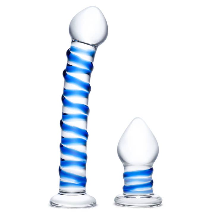 Double Penetration Glass Swirly Dildo & Butt Plug Set for wholesale by Lux Fetish Store