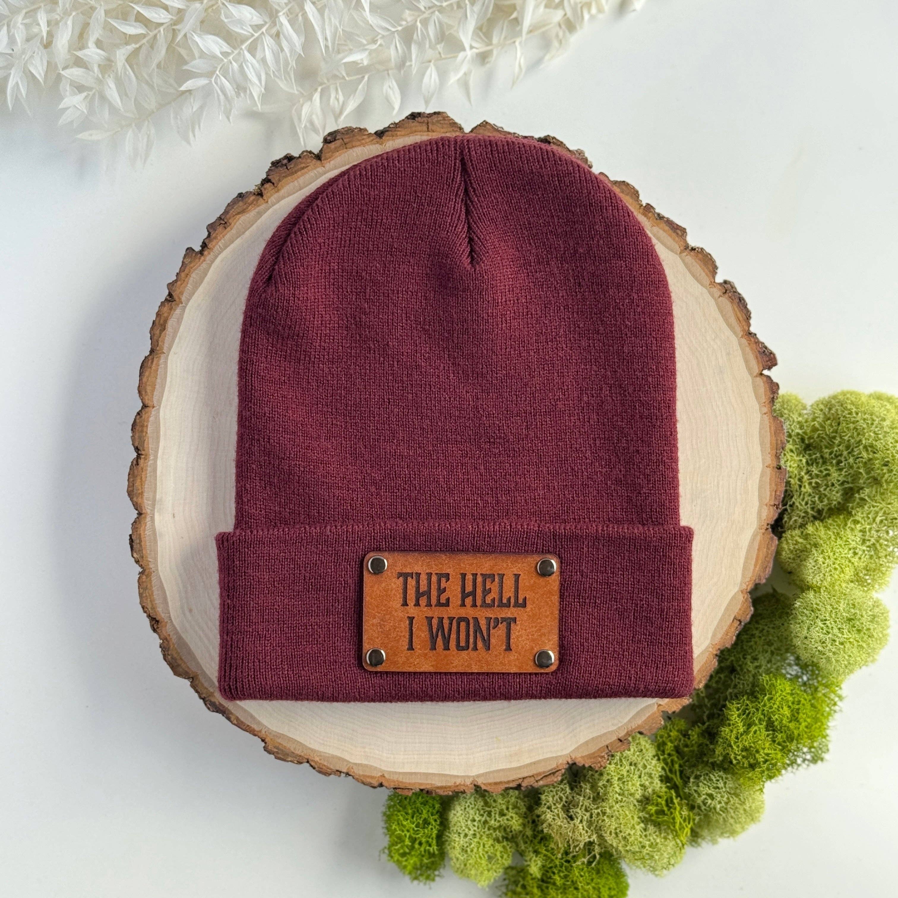 The Lonely Pine - Wholesale Beanie - Unisex - The Hell I Won't beanie with snap on/off leather patch1