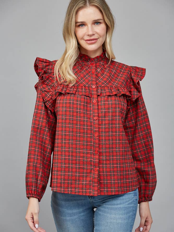 BLOUSA COM FOLHOS XADREZ FT20277 por atacado de FATE