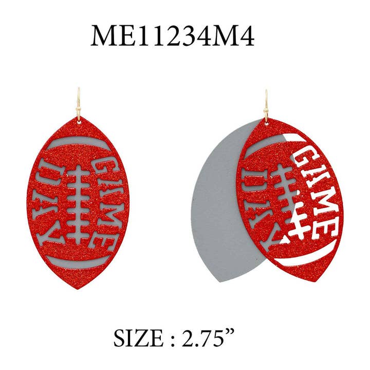 Grey Metal and Maroon Glitter Gameday Football 2" Earrings for wholesale by What's Hot