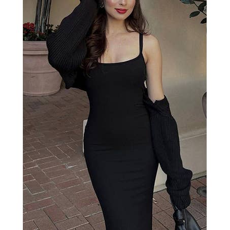 Negro Vestidos maxi ajustados con tirantes y moldeadores incorporados SKD081 de venta al por mayor en Faire11