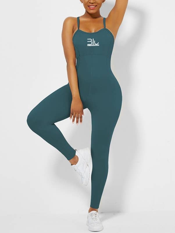 1 Pc Strappy Blue Back Removable Pads Yoga Bodysuit for wholesale by Blu Activewear