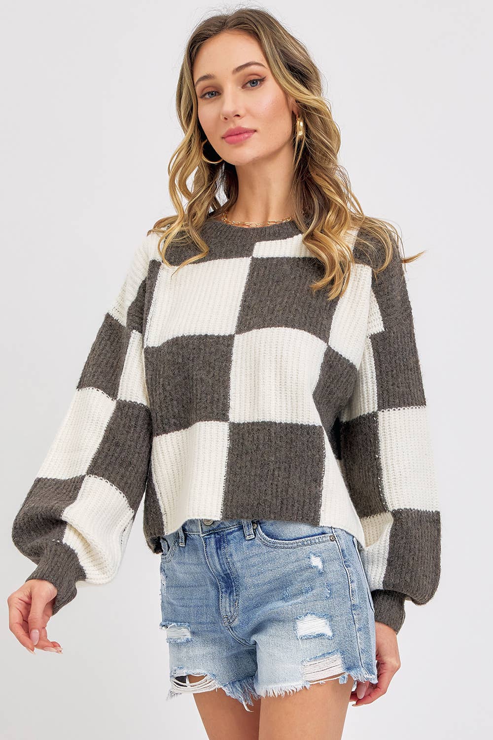 Sweet Lovely by Jen - Wholesale Knit Sweater - Women's - CASUAL SOFT COZY  RELAXED FIT CHECKER KNIT SWEATER9