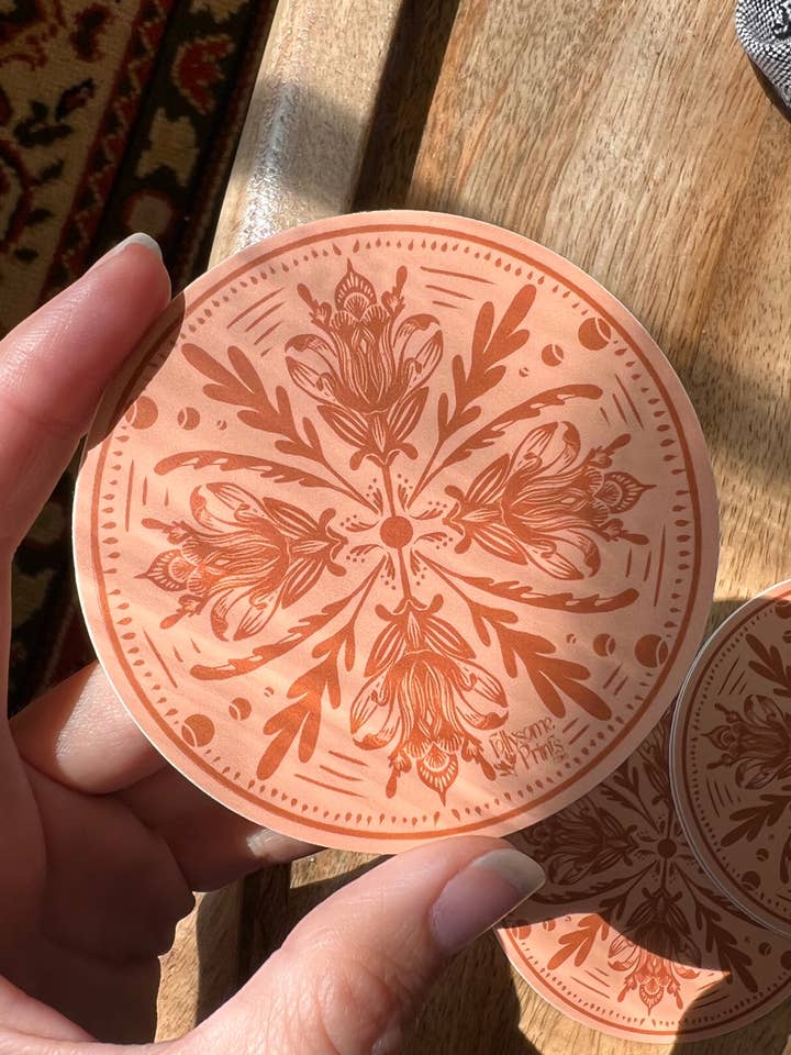Autumn Rosemaling Circle Sticker for wholesale by Follysome Prints