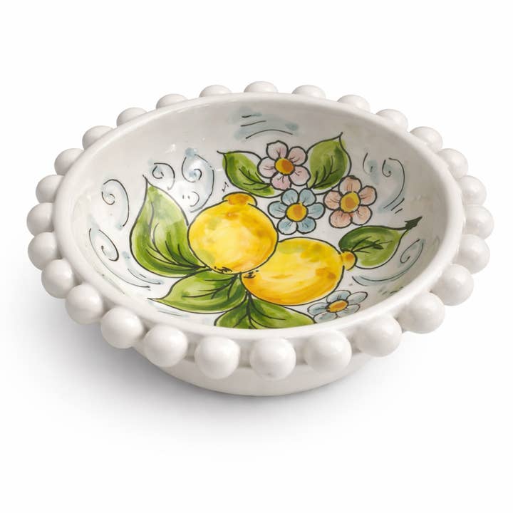 Hand-Painted Sicilian Ceramic Bowl with Beaded Rim – Lemon Design (6”) for wholesale by Made in eatalia